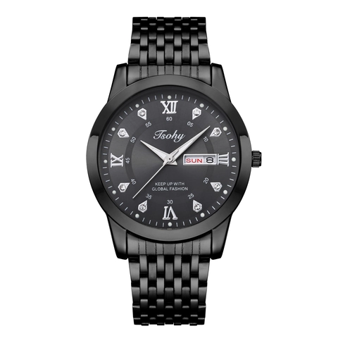 Men Business Quartz Watch Alloy Strap Day Date Display Waterproof Rhinestone Dial Fashion Elegant Formal Timepiece