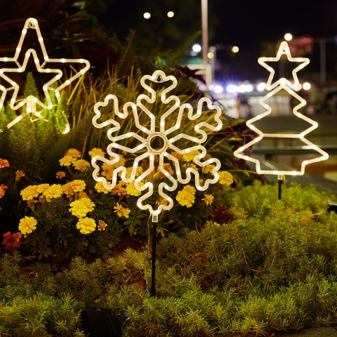Christmas Stake Lights Outdoor Solar LED Star Snowflake Santa Snowman Shape Waterproof Garden Path Decorative Neon Lighting