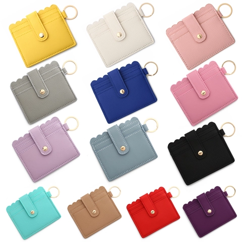 PU Leather Card Holder Wallet Scalloped Edge Snap Button Golden Keyring Stylish Credit Card Case For Women Daily Use