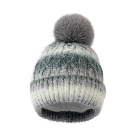 Bonnet Pour Femmes Dégradé Arc-En-Ciel Tricot Torsadé Hiver Chaud Doublé Polaire Avec Pompon En Fausse Fourrure
