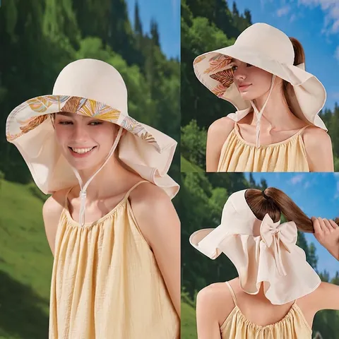 Women Sun Hat Wide Brim UV Protection Neck Flap Ponytail Hole Polyester Tropical Floral Print Foldable Summer Beach Travel