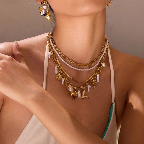 Collar De Acero Inoxidable Con Perlas Barrocas Artificiales Colgantes De Corazón Flor Pájaro Concha Joyería Estilo Retro Para Mujer