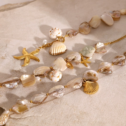 Collana E Bracciale Stella Marina Conchiglia Acciaio Inossidabile Madreperla Naturale Gioielli Estate Spiaggia Boho Per Donne