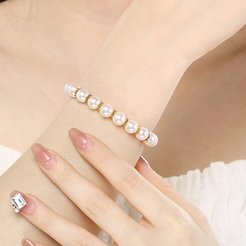 Pulsera De Cuentas De Vidrio Blanco Imitación Perla Artificial Espaciador De Aleación Banda Elástica Joyería Elegante Versátil Para Mujer