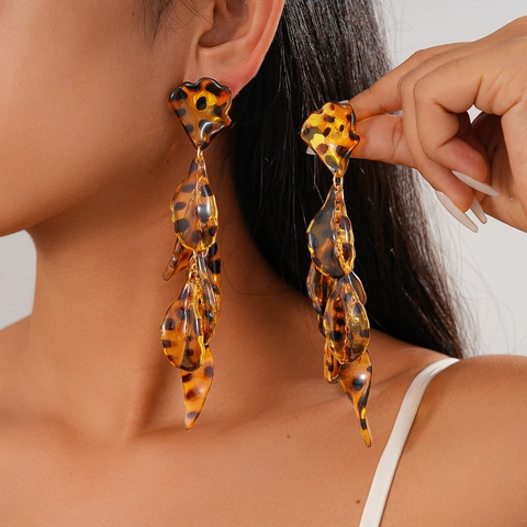 Orecchini Lunghi A Nappa Con Stampa Leopardata Acrilico Petalo Floreale Retro Con Perno In Argento Sterling 925
