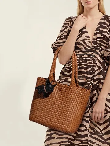 Gewebte Tragetasche PU Leder Große Kapazität Retro Schultertasche Mit Kleiner Tasche Hund Anhänger Mode Pendler Frauen