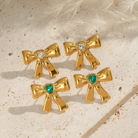 Vintage French Style Bowknot Stud Earrings Stainless Steel Heart Cubic Zirconia Gold Plated Waterproof Hypoallergenic Women