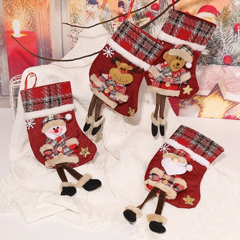 Christmas Stockings With Dangling Legs Linen Plaid Santa Snowman Reindeer Bear 3D Plush Gift Bags Candy Bag Home Decor