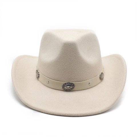 Western Cowboy Hat Wool Felt Wide Brim With Decorative Metal Conchos Rivet Belt Retro Jazz Fedora For Men Women