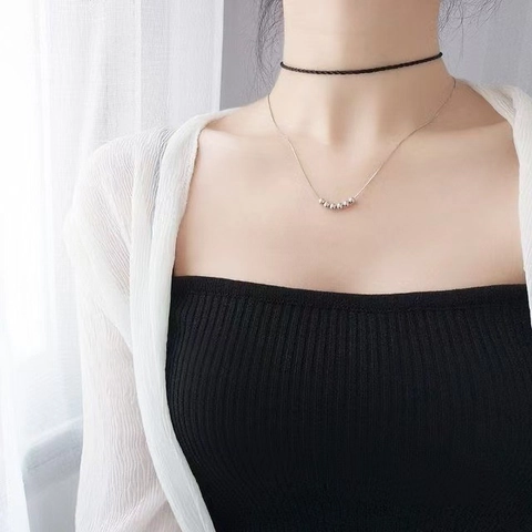 Women Fashion Copper Necklace With Six Sliding Round Beads Geometric Double Layer Box Chain Jewelry For Daily Commute