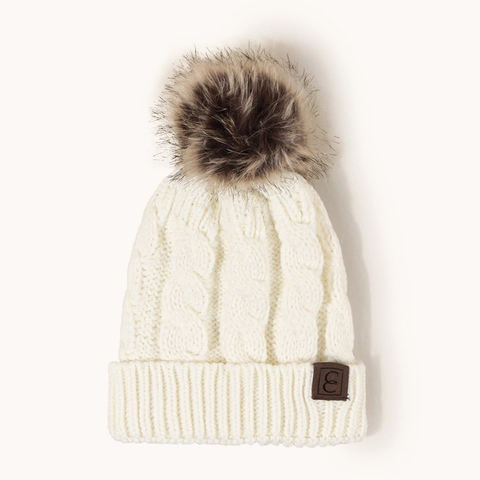 Cable Knit Beanie Hat With Large Faux Fur Pom Pom Warm Soft Thick Winter Cap Leather Patch Decorative For Men Women