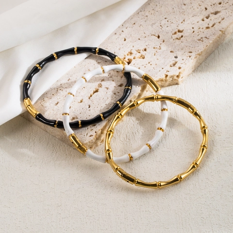 Brazalete De Nudo De Bambú Acero Inoxidable Esmalte Goteo De Aceite Minimalista Estilo Ins Joyería Para Mujer