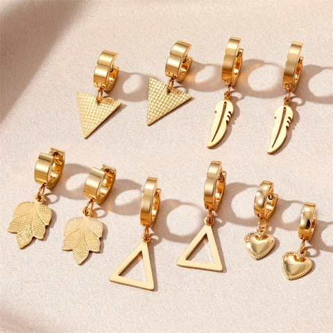 Geometric Dangle Hoop Earrings Stainless Steel Heart Leaf Feather Triangle Charm Vintage Hip Hop Gold Plated Jewelry