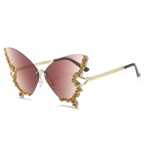 Occhiali Da Sole A Farfalla Senza Montatura Per Donna Con Strass Bordo Di Diamante Lente Sfumata UV400 Moda Catena