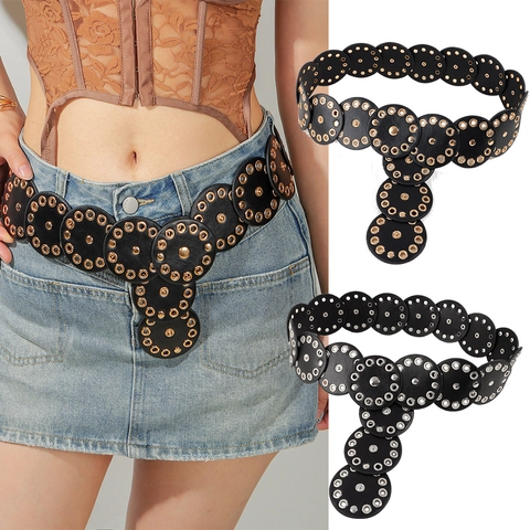 Cintura Corsetto A Dischi Tondi Stile Punk Pelle PU Con Occhielli Metallici Borchie E Bottone A Pressione Vestito Donna Versatile