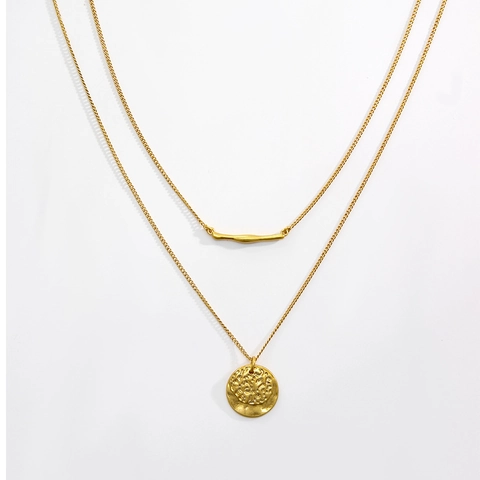 Minimalist Brass Alloy Double Layered Pendant Necklace For Women Retro Hammered Round Coin Bar Gold Silver Plated Jewelry