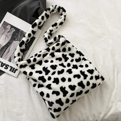 Borsa A Spalla In Peluche Con Stampa Mucca E Orso Ecopelliccia Grande Capacità Tote Tracolla Per Donna Inverno