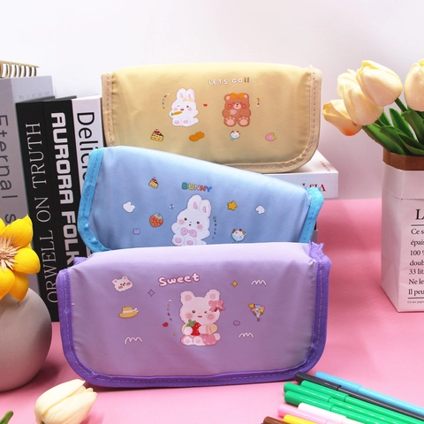 Large Capacity Pencil Case Double Layer Flip Cover Polyester Cartoon Cute School Stationery Desktop Organizer For Girls