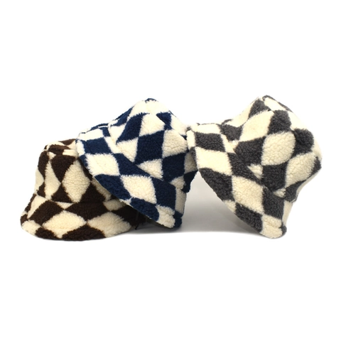 Cappello Alla Pescatora Invernale Peluche Lana D'agnello Motivo Scacchiera Caldo Ispessito Casual Retro Per Donne