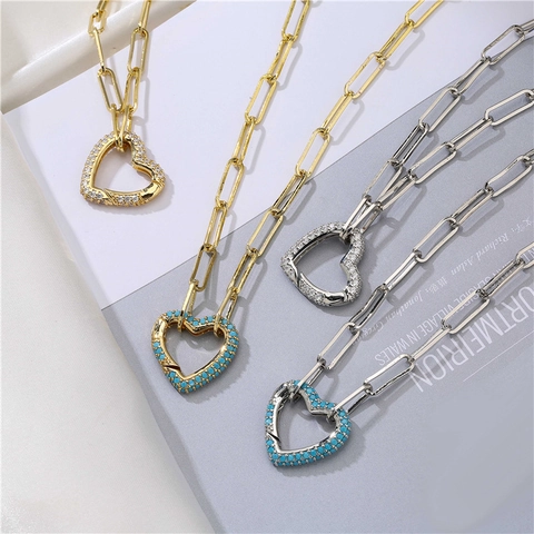 Collana Con Ciondolo A Cuore Micro Pavé Zirconia Turchese Rame Catena A Graffetta Chiusura A Moschettone Gioielli Da Donna