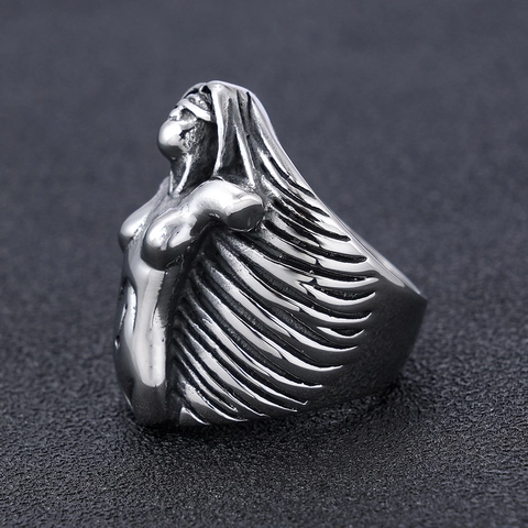 Retro Punk Goddess Eve Sculpted Ring Stainless Steel Gothic Artistic Relief Band Jewelry Unisex