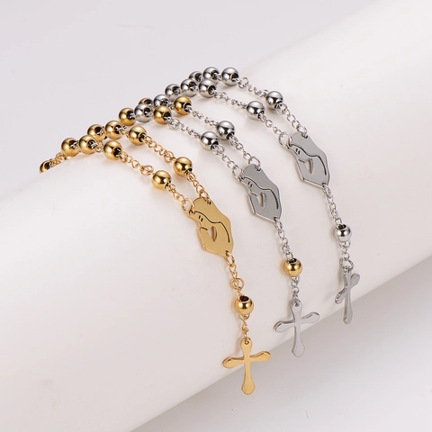 Rozenkrans Kralen Armband 304 Roestvrij Staal Met Kruis Hanger Biddende Handen Maagd Maria Medaille Religieuze Sieraden