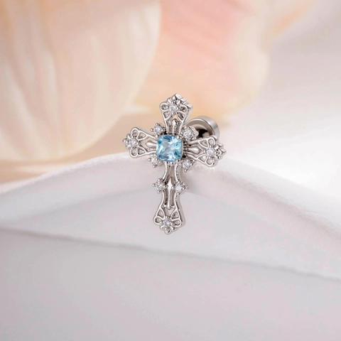 Vintage Hollow Cross Cartilage Earring Stud Titanium Steel Copper Zircon Square Gemstone Retro Piercing Jewelry Unisex