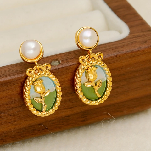 French Vintage Tulip Drop Earrings Copper Freshwater Pearl Enamel Drip Oil With 925 Sterling Silver Earring Post For Women