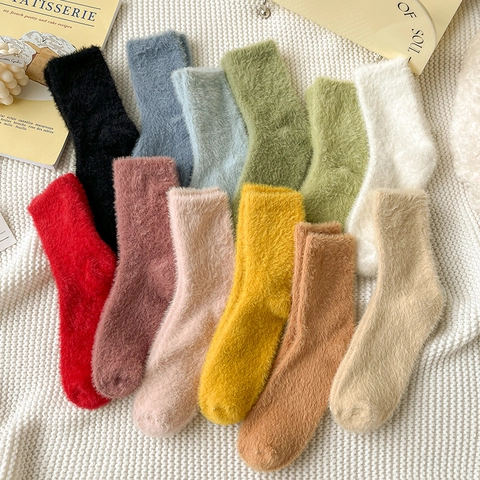 Damen Verdickt Polyacryl Nylon Haussocken Einfarbig Süß Winter Plüschig Bodensocken Warm Atmungsaktiv Schlaf Socken