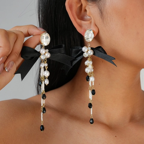 Pendientes Largos De Borla Con Lazo De Cinta Negra Perla Artificial De Imitación Strass Pasador De Plata Retro Elegante Mujeres