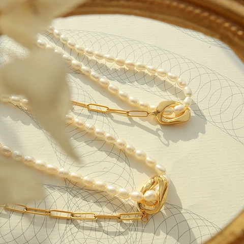 Freshwater Pearl Spliced Necklace Stainless Steel 18K Gold Plated Tarnish Free Paperclip Chain Oval Ring French Retro Women