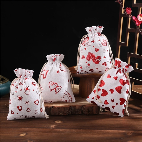 Sacs Cadeaux À Cordon En Coton Et Lin Avec Imprimé Cœur Pour Mariage Fête Bijoux Emballage Pochettes Motif Amour Romantique