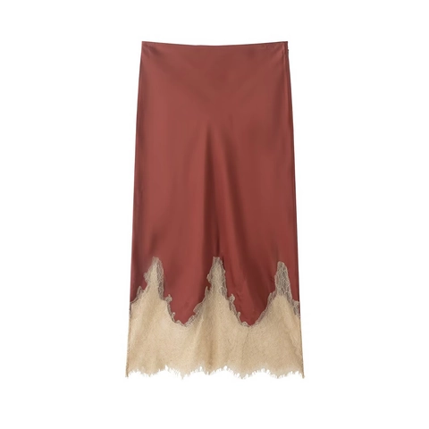 Gonna Midi In Raso Da Donna Con Bordo In Pizzo Colore A Contrasto Marrone Rosso Vita Alta Elegante
