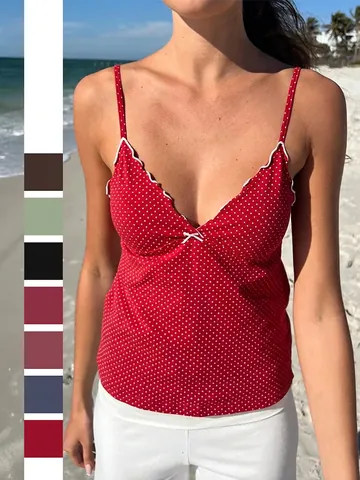 Gepunktetes Camisole Tanktop Polyester Spandex V-Ausschnitt Schleife Wellensaum Slim Fit Y2K Sexy Damen Oberteil