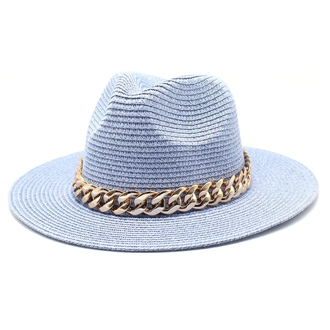 Elegante Sommer Papier Strohhut Fedora Für Damen Mit Metallkette Sonnenschutz Breite Krempe Atmungsaktiv Strand Urlaub