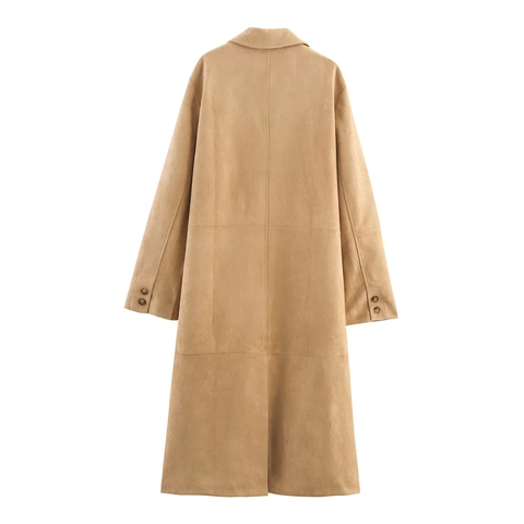 Women Casual Faux Suede Long Trench Coat Lapel Button Down Street Fashion Solid Color Outerwear Camel Fall Coat Jacket