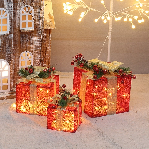 Scatole Regalo Decorative Di Natale Rete Di Ferro Tessuto LED Luminoso Fiocco Ago Di Pino Bacca Ornamenti Da Pavimento Interni