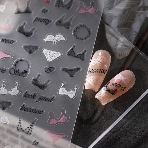 Lingerie Lace Nail Art Stickers 5D Relief Self Adhesive Manicure Decals Sexy Underwear Pattern Matte PET Decorative DIY
