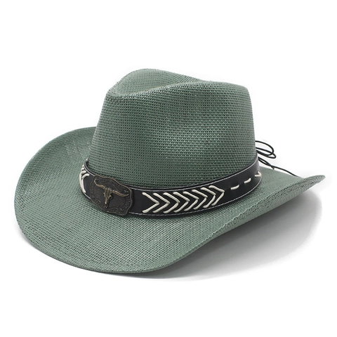 Western Cowboy Hat Paper Straw Braided Wide Brim Sun Protection Retro Style Bull Head Emblem Decoration