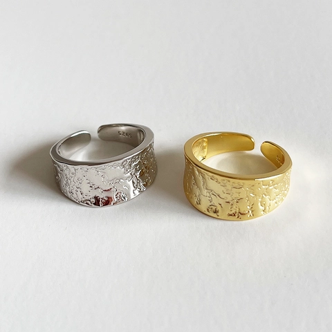 925 Sterling Silber Ring Verstellbares Offenes Design Unregelmäßige Hammerschlag Lava Textur Minimalistischer Schicker Breiter Ring