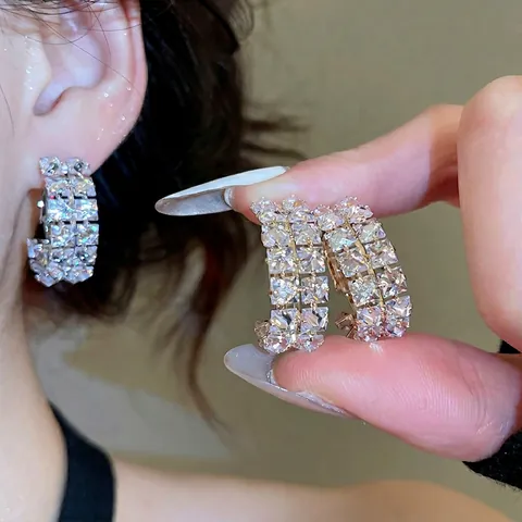 C-Shaped Hoop Earrings Double Row Square Zircon Copper Elegant Accessory With 925 Sterling Silver Earring Post For Women