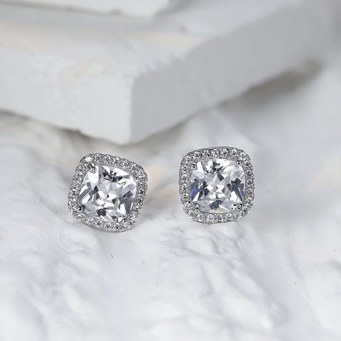 Square Halo Stud Earrings With Zircon Copper Micro Paved Fashion Elegant Jewelry With 925 Sterling Silver Earring Post