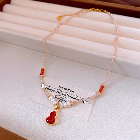 Freshwater Pearl Necklace For Women Enamel Gourd Pendant Beaded Choker Chain Vintage Retro Style Elegant Jewelry Gift