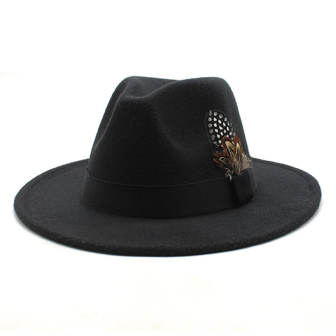 Retro Fedora Hat Wool Felt Texture Wide Flat Brim With Feather And Ribbon Decor British Style Fashion Jazz Hat Unisex