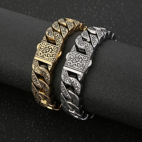 Bracciale A Catena Cubana Da Uomo In Acciaio Inossidabile Con Motivo Totem Inciso Retro