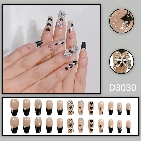 Coffin Press On Nails Long French Black Heart Star Patterns 3D Butterfly Rhinestone Glitter Artificial Finger Manicure