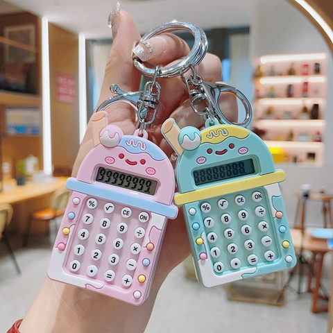 Mini Calculator Keychain Plastic Silicone Milk Tea Cup Shaped Cartoon Portable Schoolbag Pendant Gift For Students