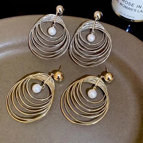 Pendientes Colgantes De Perlas Artificiales Con Aros Redondos Multicapa Con Poste De Plata De Ley 925 Para Mujer