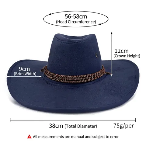 Western Cowboy Hat Suede Braided Band Wide Brim Adjustable Chin Strap Felt Retro Style Unisex Outdoor Sun Protection