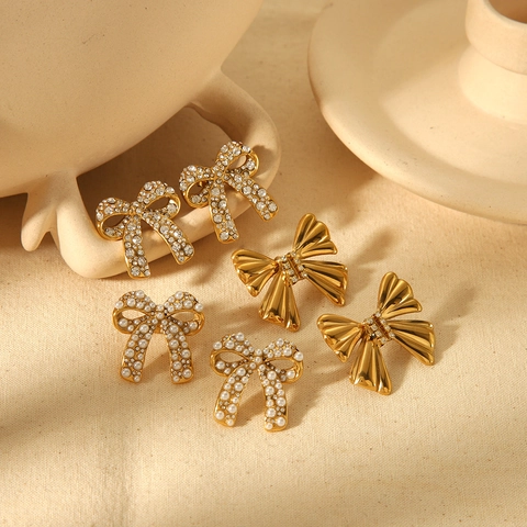 Elegant Bowknot Stud Earrings Titanium Steel Gold Plated With Rhinestones And Faux Artificial Pearls French Style For Women